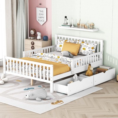 Twin Size Wood Platform Bed with Guardrails and Two Storage Drawers, Slatted Base, Classic Style for Kids-Maison Boucle