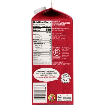 Clover Sonoma UHT Lactose Free Whole Milk - 0.5gal