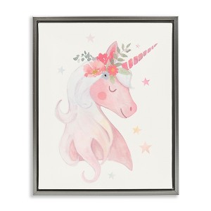 Stupell Industries Pastel Smiling Unicorn Pink Flower Blossom Crown Floating Frame Canvas Art, Gray, 17" x 21" - 1 of 4