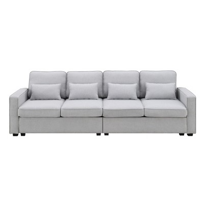 TiramisuBest 104" 4-Seater Modern Linen Fabric Sofa with Armrest Pockets and 4 Pillows, Modular Sectional Sofa with Storage, Sideboard Buffe