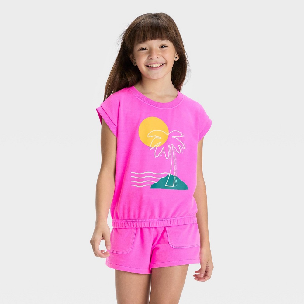 Girls' French Terry Short Sleeve Top - Cat & Jack™ Neon Pink M