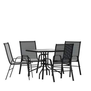 Flash Furniture 5 Piece Outdoor Patio Dining Set - Tempered Glass Patio Table, 4 Flex Comfort Stack Chairs