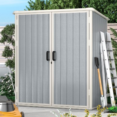 Aoxun 5x3FT Plastic Outdoor Shed – Lockable Garden Storage with Floor for Tools, Lawn Accessories, Trash Can – Grey