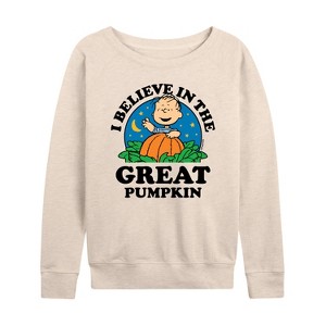 Women's - Peanuts - I Believe In The Great Pumpkin Lightweight French Terry Wide Neck Long Sleeve Shirt - 1 of 4