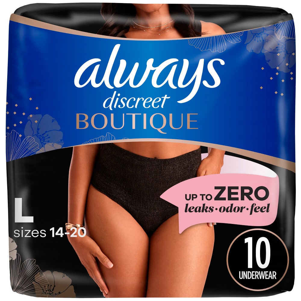 Always Discreet Boutique Adult Postpartum Incontinence Underwear for Women - Black - Large - 10ct