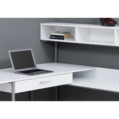 Contemporary White & Silver L-Shaped Computer Desk with Hutch and Drawer