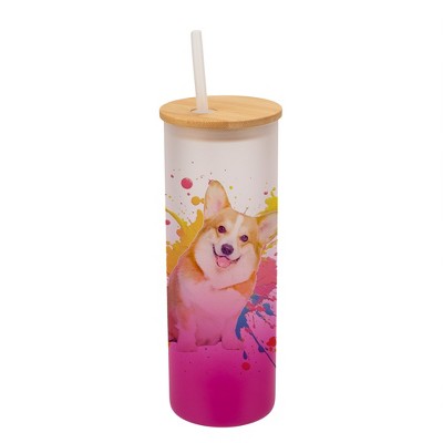 100 North 25 Ounce Frosted Glass Gradient Travel Tumbler With Straw & Wooden Lid, Corgi Dog Paint Splatter Pink