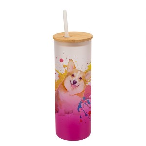 100 North 25 Ounce Frosted Glass Gradient Travel Tumbler With Straw & Wooden Lid, Corgi Dog Paint Splatter Pink - 1 of 4