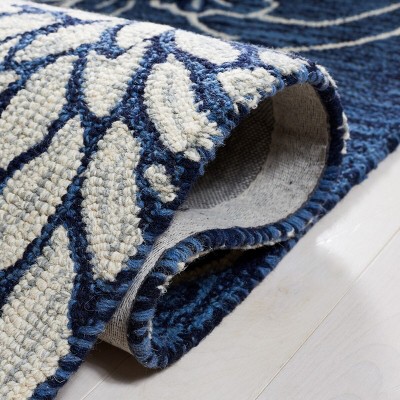 Navy and Ivory Floral Hand-Tufted Wool Runner Rug