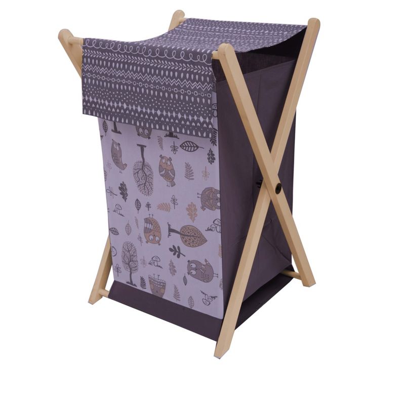 Bacati - Owls Gray/Beige Neutral  Laundry Hamper with Wooden Frame, 1 of 5