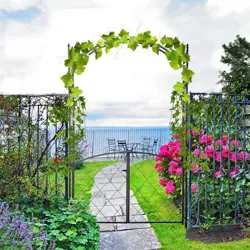 Outsunny 85'' Metal Garden Arbor with Gate Outdoor Steel Arch with Scrollwork for Climbing Vines Ground Mountable Columns