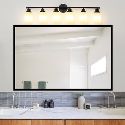 DOMETOUR 39'' Modern 6-Light Vanity Light, Frosted Glass & Black Iron Frame, Wall Sconce for Bathroom, Bedroom, Dressing Room (No Bulbs)
