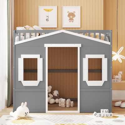 NicBex Full Size Loft Bed Classic House Shape Pine Bunk Bed Frame with Windows, Ladder and Full Length Guardrail, No Box Spring Required