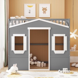 NicBex Full Size Loft Bed Classic House Shape Pine Bunk Bed Frame with Windows, Ladder and Full Length Guardrail, No Box Spring Required - 1 of 4