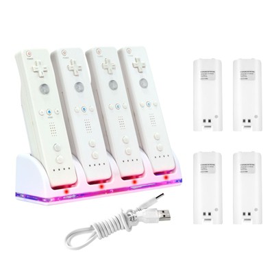 4 Port Charging Station with 4 Rechargeable Battery compatible with Nintendo Wii / Wii U Remote Control - White