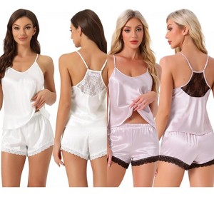 INSPIRE CHIC Women's 2 Pcs Satin Sleeveless Lace Trim Shorts Silky Short Pajama Sets - 1 of 4