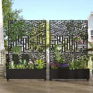 Wooakway 72"H Two-tone Patio Planter Box with Trellis Metal Raised Garden Bed Black Decorative Privacy Screen with Wheels - 1 of 4