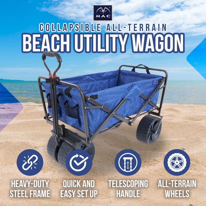 Mac Sports Heavy Duty Steel Frame Collapsible Folding 150lbs. Capacity Outdoor Beach Garden Utility Wagon Cart with All Terrain Wheels - Blue/Black, 3 of 8