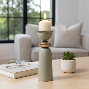 Elegant Curvy Taper Candle Holder for Home Decor - Stylish Pillar Candlestick Holder for Table Centerpiece or Entryway - 13", Sage & Gold - 1 of 4
