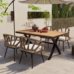 5-Piece Patio Dining Set, PE Rattan Woven Backrest Chairs with Plastic Wood Top Table, Chair with Iron Frame and Foam Cushions–Cuddlewood - 1 of 4