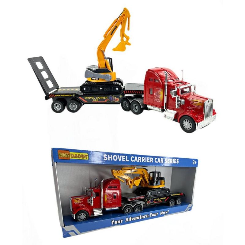 Big Daddy Big Rig Heavy Duty Tractor Trailer Low Boy Transport Flat Bed & Excavator Toy Trucks Combo, 1 of 8