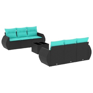 vidaXL 7 Piece Patio Sofa Set with Cushions Black Poly Rattan - Black and Blue - 1 of 4