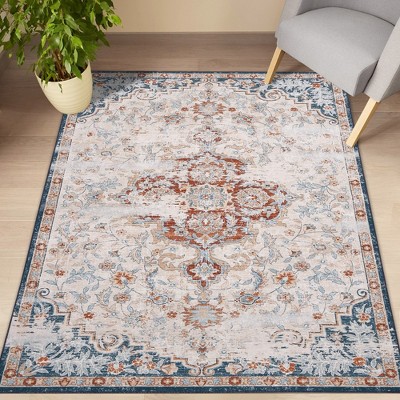 Vintage Distressed Rug Bohemian Floral Medallion Area Rug, Non-Slip Low Pile, Red/Beige