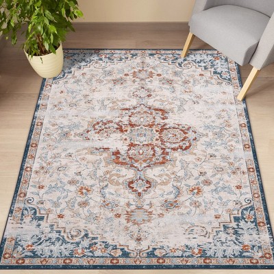 Vintage Distressed Rug Bohemian Floral Medallion Area Rug, Non-slip Low ...