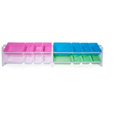 UNiPLAY Toy Organizer With 16 Removable Storage Bins and Block Play Panel, Multi-Size Bin Organizer (Pink)
