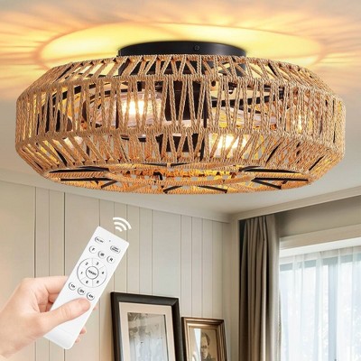Ludomide 19 In. Rattan Low Profile Ceiling Fan With Lights And Remote, Black Flush Mount Ceiling Fan Light Kit For Bedroom Kids' Room