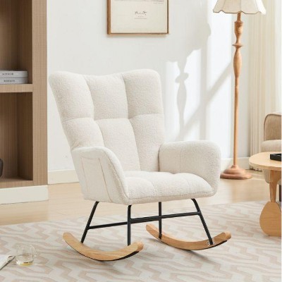 CAVINAS Modern Rocking Chair with Soft Cashmere Teddy Fabric, Accent Armchair with Ergonomic Curved Backrest and Solid Wood Frame
