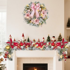 Lighted Christmas Wreath, 24 in Pre-Lit Xmas Wreath with Artificial Flower Bow Ball Ornaments, Christmas Decorations for Party Front Door Wall Window - 1 of 4