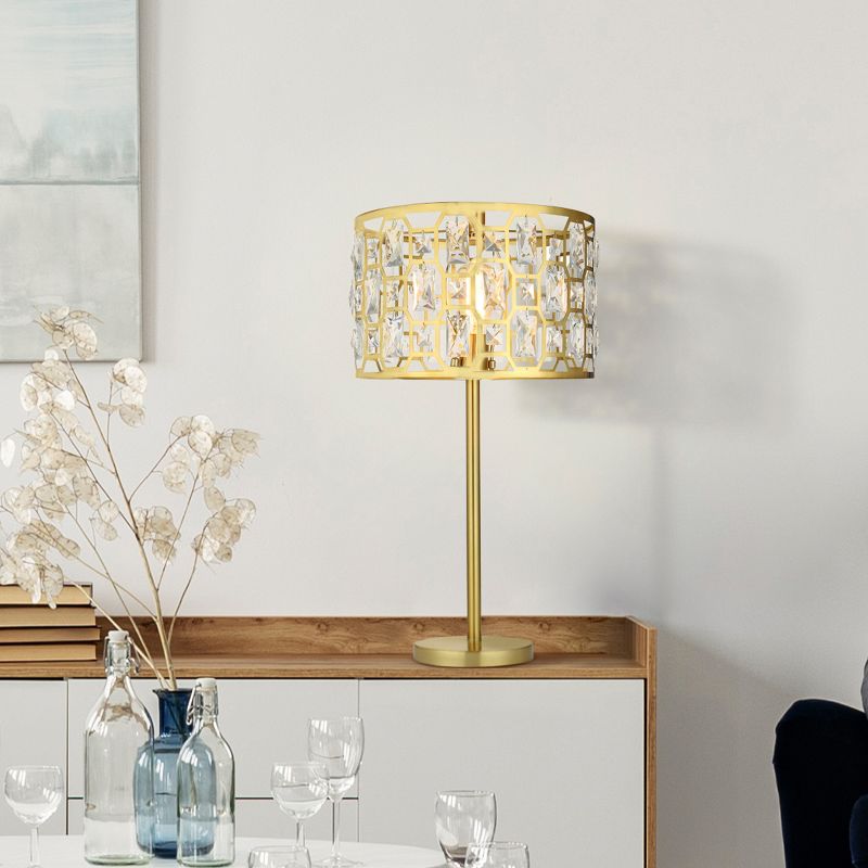 26.5&#34; Cleo Glam Gold Metal and Faceted Crystal Drum Shade Table Lamp - River of Goods, 3 of 15