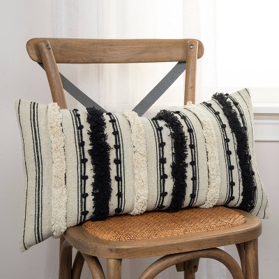 14"x26" Black and Ivory Embroidered Lumbar Throw Pillow