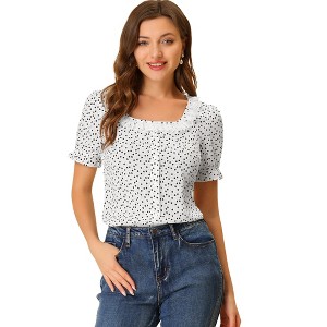 INSPIRE CHIC Women's Square Neck Button Ruffle Sleeve Love Heart Printed Blouse - 1 of 4
