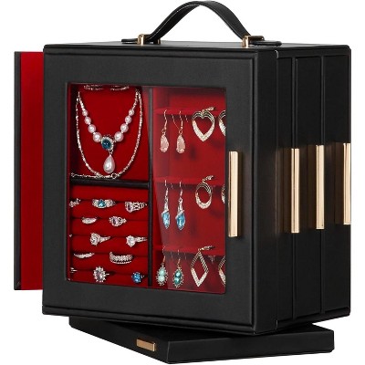 Jewelry Box 360° Rotating, Necklace Earring Organizer with Transparent Window, Mirror, 7 Drawers