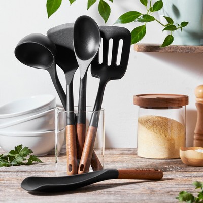 Staub 5-Piece Black Silicone and Wood Cooking Utensil Set