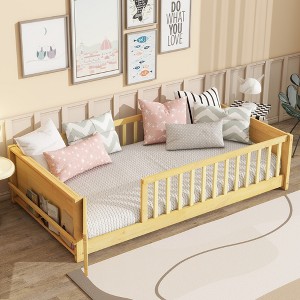 KTMBDW Twin Size Montessori Toddler Floor Bed for Girls and Boys,Wood Montessori Bed Frame with Built-in Book Rack and Safety Guardrails - 1 of 4
