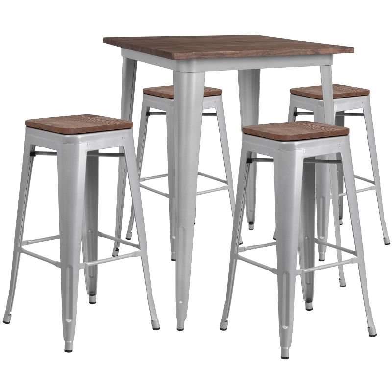 Merrick Lane 5 Piece Bar Table and Stools Set with 31.5" Square Silver Metal Table with Wood Top and 4 Matching Bar Stools, 1 of 5