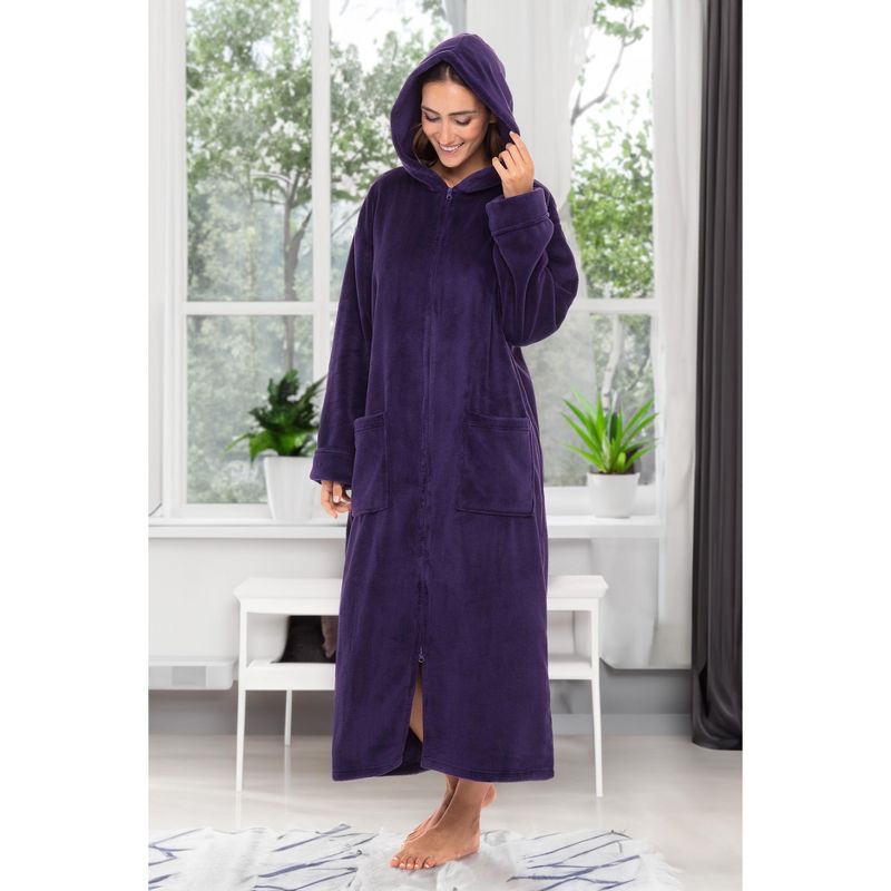 Women's Zip Up Fleece Robe with Hood, Soft Warm Plush Oversized Zipper Hooded Bathrobe, 3 of 6