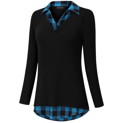 Women's Short Sleeve V-Neck Contrast Collared Shirts Patchwork Work Blouse Tunics Tops
