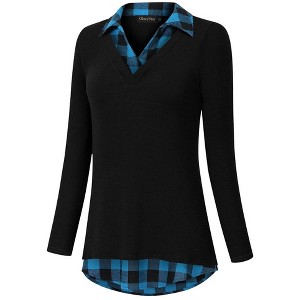 Women's Short Sleeve V-Neck Contrast Collared Shirts Patchwork Work Blouse Tunics Tops - 1 of 4