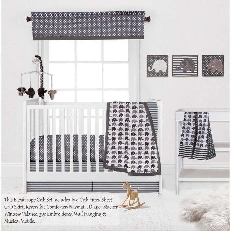 Bacati - Elephants White/Gray 10 pc Crib Bedding Set with 2 Crib Fitted Sheets, 4 of 12