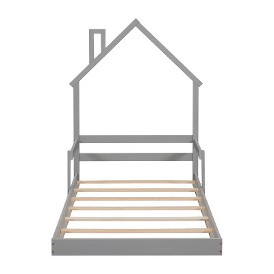 YNXARIA Gray Pine Twin Size Bed Frame with House - Shaped Headboard and Armrests