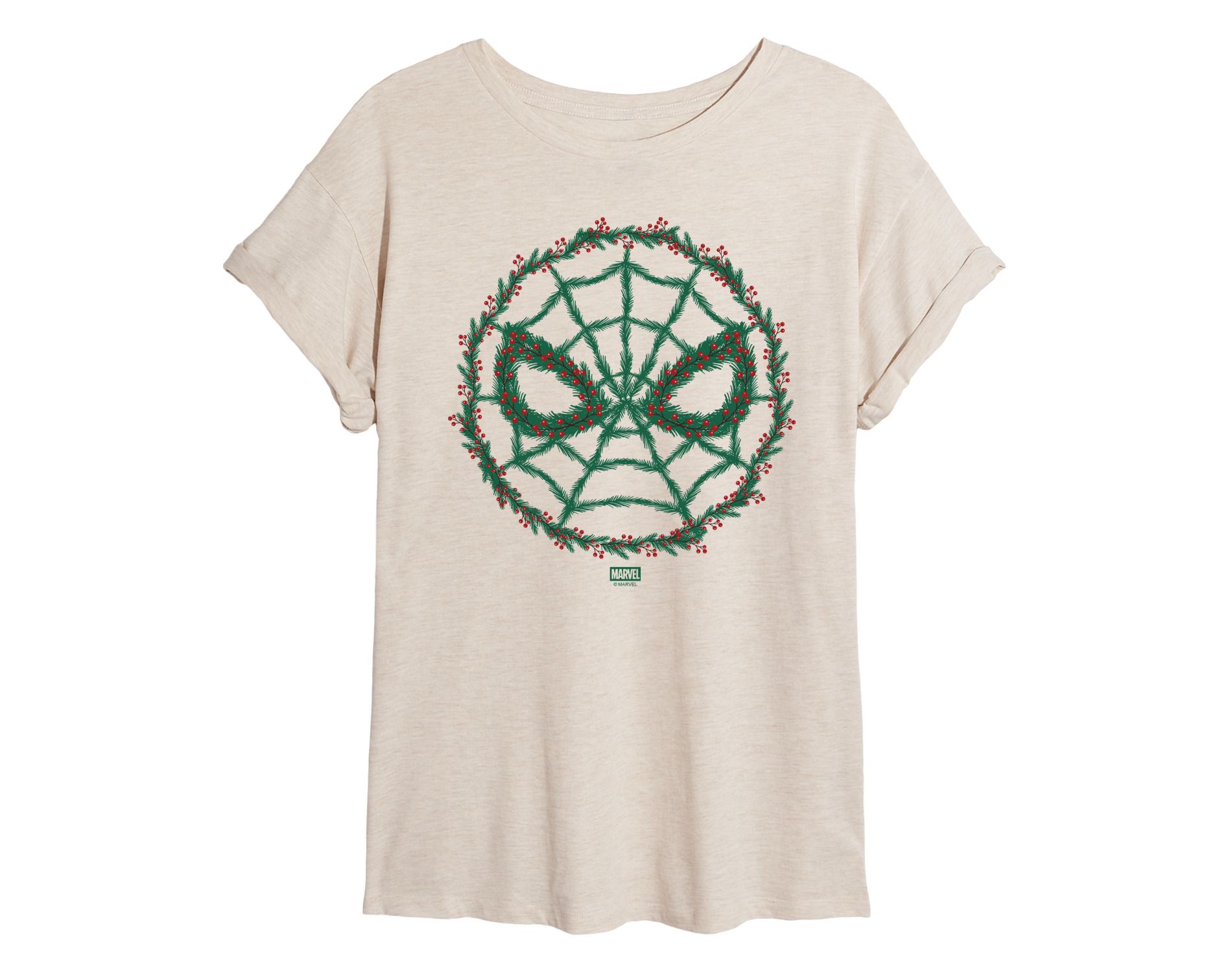 Women's Marvel Spider Man Wreath Oversized Graphic T-Shirt - Birch - Large