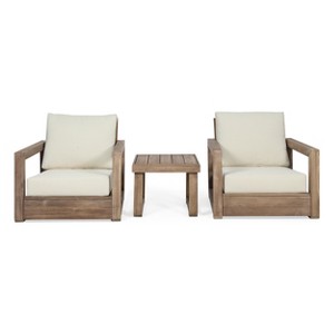 Christopher Knight Home Andrae Outdoor Acacia Wood 3 Piece Chat Set with Cushions, Brown and Beige - 1 of 4