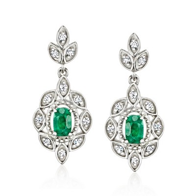 Ross-Simons 0.70 ct. t.w. Emerald and .30 ct. t.w. White Topaz Drop Earrings in Sterling Silver