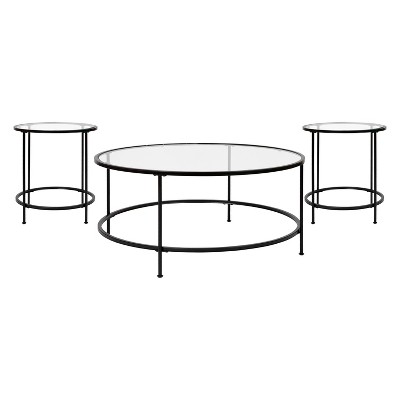 Emma and Oliver Clear Glass Table Set with Matte Black Metal Frame-Coffee Table-2 End Tables