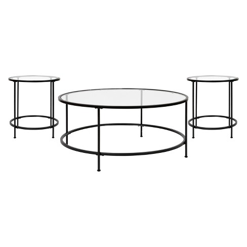 Flash Furniture Astoria Collection Coffee and End Table Set - Clear Glass  Top with Round Matte Black Frame - 3 Piece Occasional Table Set