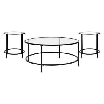 Flash Furniture Astoria Collection Coffee and End Table Set - Clear Glass Top with Round Matte Black Frame - 3 Piece Occasional Table Set
